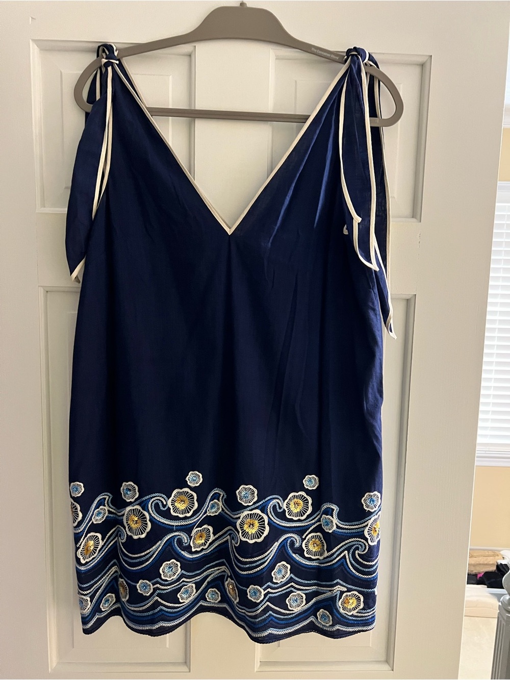 Anthropologie Navy Embroidered Tie-Shoulder Mini Dress